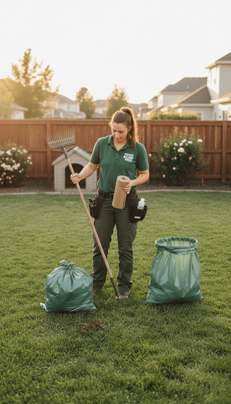 Pet waste removal worker in a backyard with cleaning supplies