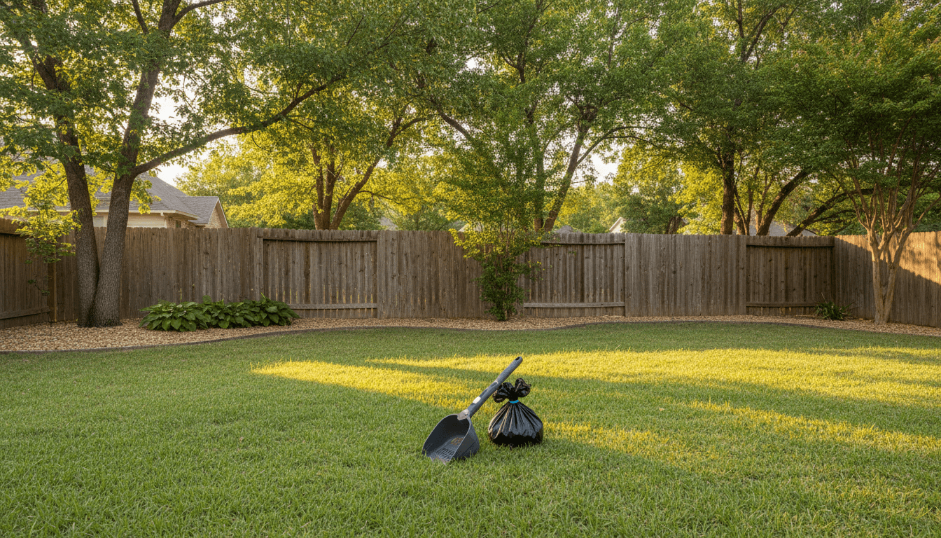 A clean suburban backyard with a pet waste scoop and bag resting on the grass