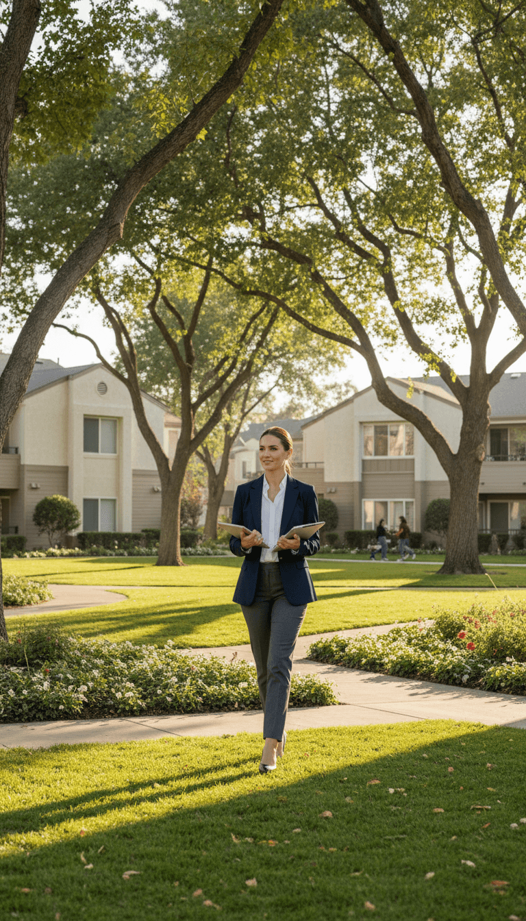 Property manager walking through apartment complex common area with well-maintained grass