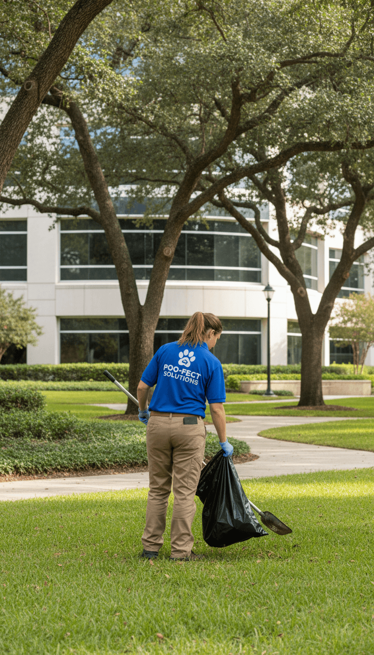 Person in uniform picking up pet waste in a manicured common area of an apartment complex