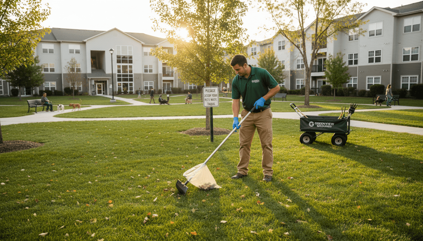 groundskeeper in uniform removing pet waste from grassy area near apartment buildings