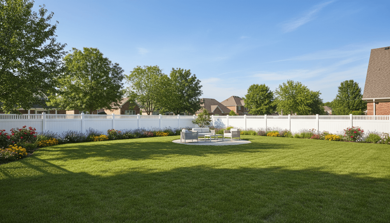 Clean green backyard with a lawn and wooden fence under a sunny sky