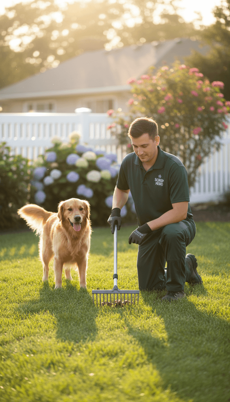 Service worker in uniform scooping pet waste in a sunny residential backyard