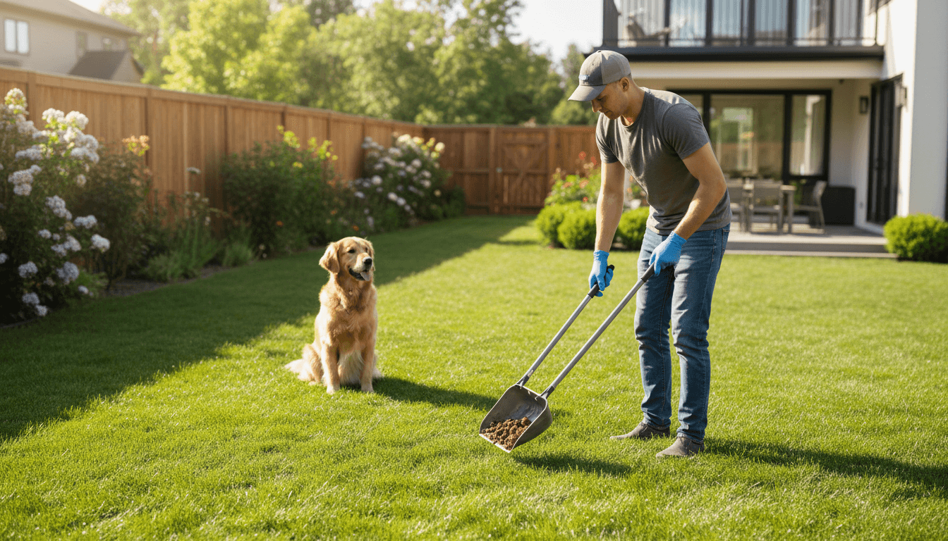 Gloved hand using a scooper to pick up dog waste in a green backyard