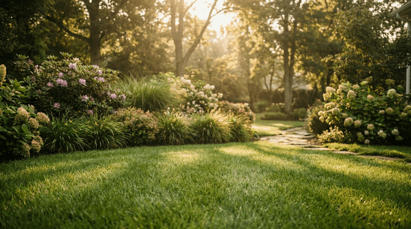 Clean, well-maintained backyard yard with lush grass and a pet enjoying the fresh space