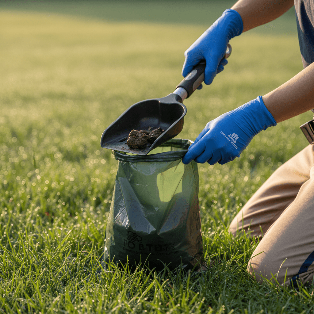Close-up of gloved professional hands efficiently clearing pet waste from residential yard with specialized tool and disposal bag.
