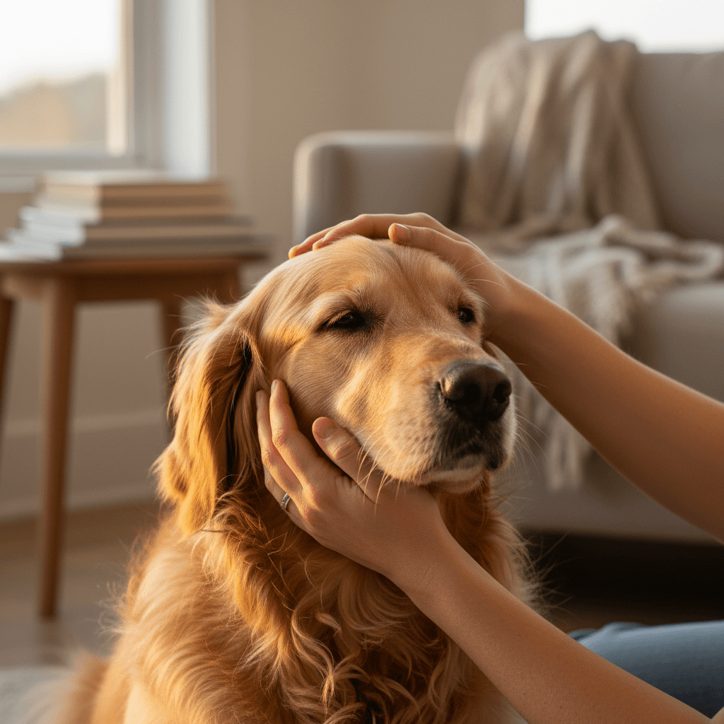 Pet owner holding their dog at home