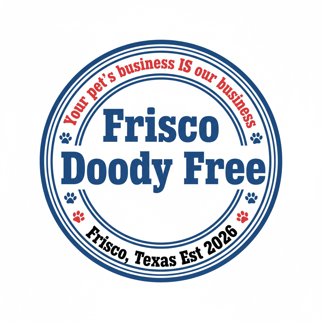 Circular logo for Frisco Doody Free pet waste removal service with slogan and paw prints.