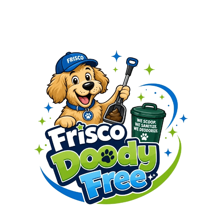 Frisco Doody Free logo featuring a cartoon dog holding a pooper scooper and waste bin.